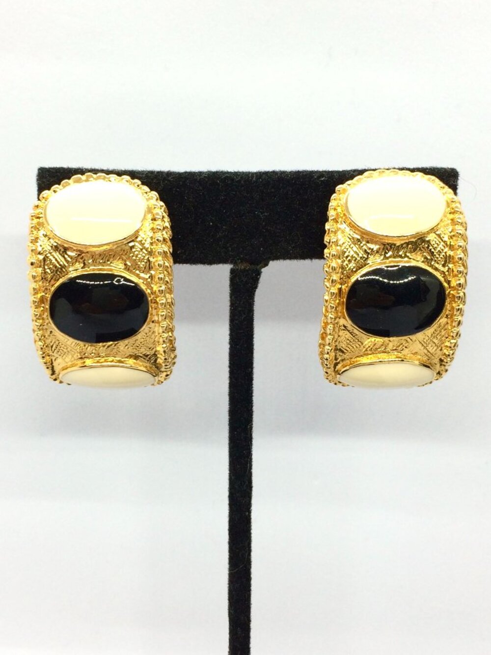 VINTAGE GOLD TONE Hoop Earrings Enamel Black White Half Clip On Runway 80s